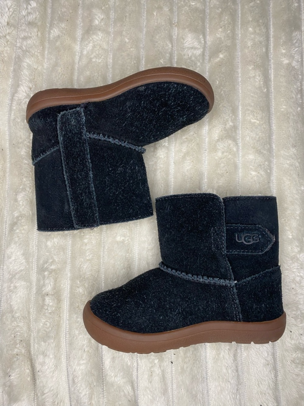 UGG Kids Black Suede Boot with Brown Sole